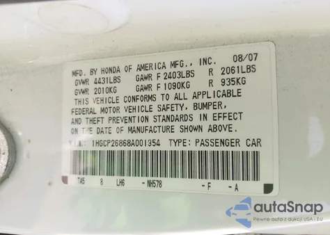 2008 Honda Accord 2.4 Ex-L из США, поврежденный, VIN 1HGCP26868A001954